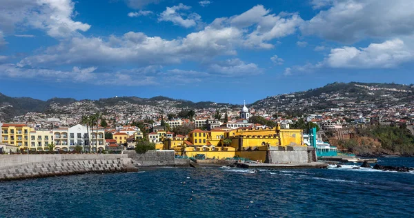 stock image Seafront of Funchal town, Madeira, Portugal. Old castle Fortaleza de Sao Tiago.