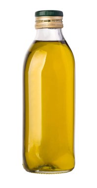  Beyaz arka planda bir şişe zeytinyağı. örnek al, kırpma yolu