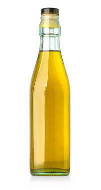 Glass olive oil bottle isolated on white background with clipping path