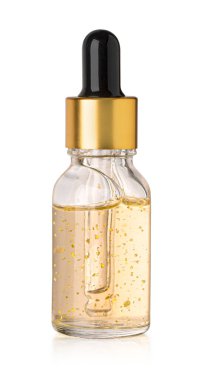 Face cream .Gold mask, moisturizing anti-aging serum for face care with gold particles in a luxurious glass container with a gold lid isolated on white background