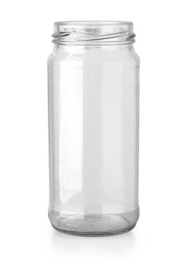 Yiyecek ve konserve yiyecek için boş cam kavanozu aç. Kırpma yolu ile beyaz arkaplanda izole