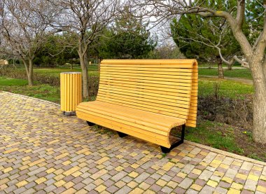 Modern wooden benches standing on the sides of the paved paths of the city park