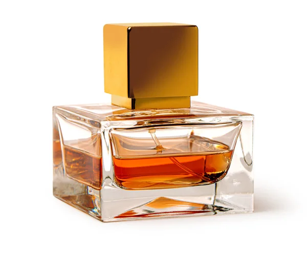 一瓶香水 女人的香水水在一个漂亮的金色玻璃瓶中 白色背景隔离 有切割路 — 图库照片