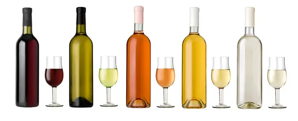 Set Bottiglie Bicchieri Vino Bianco Rosa Rosso Isolati Sfondo Bianco — Foto Stock