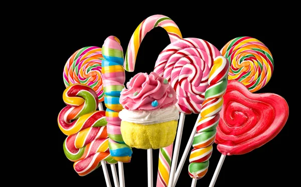 Kleurrijke Lollipop Geïsoleerd Zwarte Achtergrond — Stockfoto