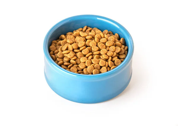 Tazón Azul Para Alimentar Perros Gatos Lleno Comida Aislado Sobre — Foto de Stock