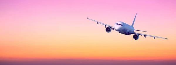 Flugzeug Hebt Reise Mit Dem Flugzeug Sonnenuntergang Glühen Abendszene — Stockfoto