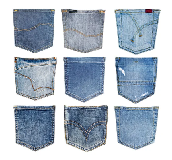 Samling Jeans Fickor Isolerad Vit Bakgrund — Stockfoto
