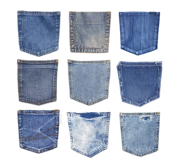 Verzameling Van Jeans Zakken Geïsoleerd Witte Achtergrond — Stockfoto