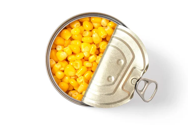 甜罐装玉米 白色背景隔离 玉米在罐头的顶部视图 带有剪切路径 — 图库照片