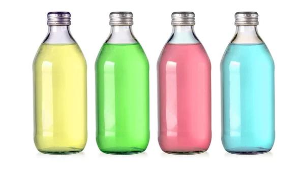 Пляшки Кольорової Соди Білому Тлі Відсічним Контуром — стокове фото
