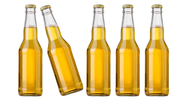Garrafas Douradas Cerveja Fundo Branco — Fotografia de Stock