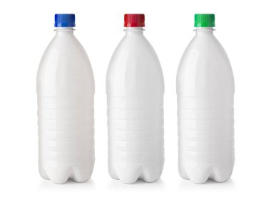 Beyaz arka planda izole edilmiş kapsülü beyaz plastik süt. Paketleme şablonu modelleme koleksiyonu. Kırpma Yolu dahil