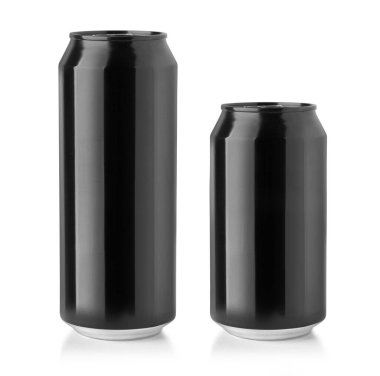 Black Metal Alüminyum İçecek Kutusu 500ml, 350 ml. Mockup Şablonu tasarımınız için hazır. Beyaz Arkaplanda İzole Edilmiş. 