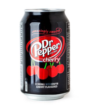 Anapa, Rusya 08 Nisan 2023: Bir kutu Dr Pepper, Cherry. Beyaz izole edilmiş arka plan. Dr. Pepper eşsiz bir tadı olduğu için satılan bir meşrubat. İçki 1880 'lerde yaratıldı..