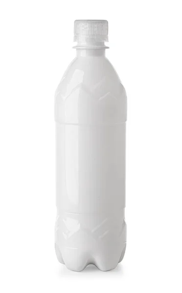 Leite Plástico Branco Com Jarra Touca Branca Isolada Sobre Fundo — Fotografia de Stock