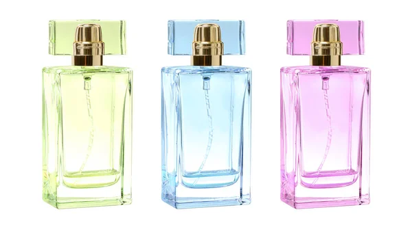 Zestaw Perfum Butelce Eau Parfum Pięknej Szklanej Butelce Izolowane Biało — Zdjęcie stockowe
