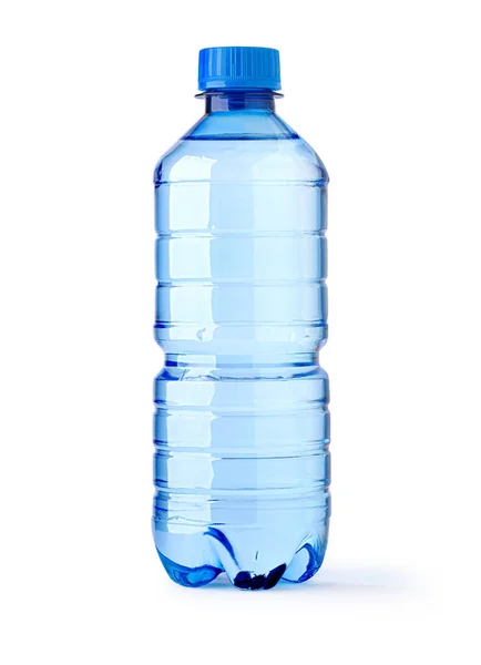 蓝色塑料小水瓶 白色底座 有剪切路径 免版税图库图片