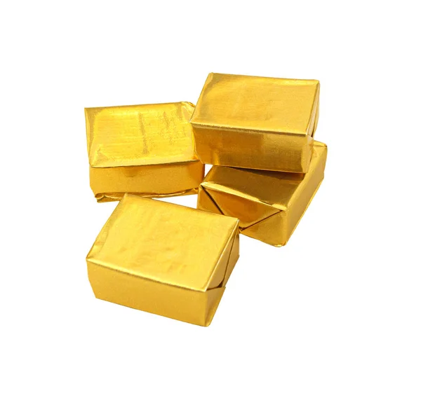 Упаковка Золотая Обертка Изолированы Белом Фоне — стоковое фото