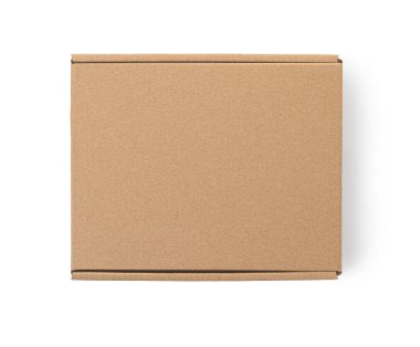 Beyaz arkaplanda izole edilmiş bir kapalı karton kutu veya kahverengi karton kutu, üst görünüm