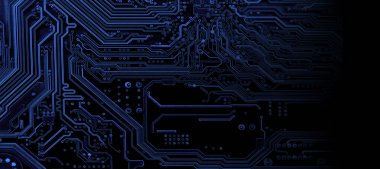 Devre kartı. Elektronik bilgisayar donanım teknolojisi. Anakart dijital çip. Bilgisayar parçaları. Panoramik arkaplan