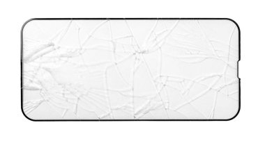 Beyaz arka planda beyaz bir arka planda, akıllı telefonun kırık koruyucu camı.