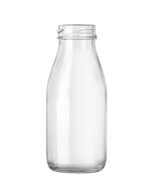 Beyaz zemin üzerinde izole edilmiş küçük şeffaf cam şişe