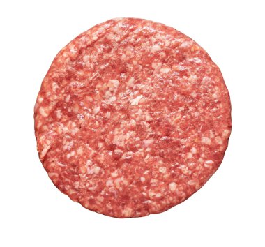 Hamburgerler için çiğ kırmızı et köftesi kıymalı ya da domuz etli beyaz arka planda izole edilmiş pişirmeye hazır.