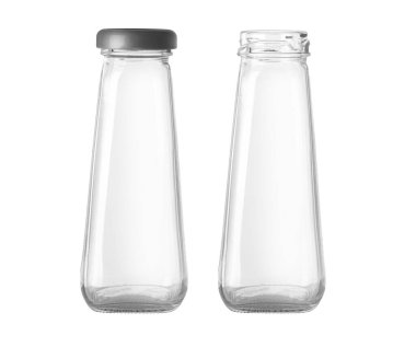 Beyaz zemin üzerinde izole edilmiş küçük şeffaf cam şişe