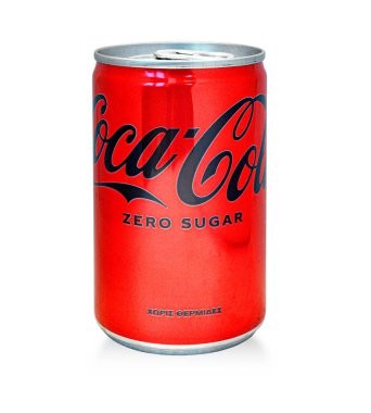 Larnaka, Cyprus- 26 Kasım 2023: Alüminyum kutu Sıfır Coca-Cola, beyaz arka planda. Coca-Cola dünyadaki en popüler soda ürünlerinden biridir..