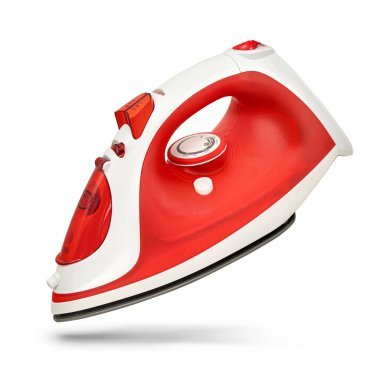 Modern bir kablosuz ütü demiri beyaz arka planda izole edilir. Havalanma, minimalizm. Gölgeli fotoğraf