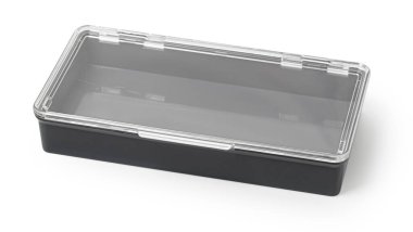 Saydam menteşeli kapaklı ve kırpma yolu olan beyaz bir arkaplan üzerinde boş yeniden kullanılabilir plastik kutu