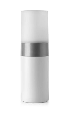 Lüks havasız vakum şişesi, kozmetik ambalaj için şeker kutusuyla dolu bir kavanoz. Beyaz saten kaplama, küçük seyahat boyutu, doldurulabilir, steril. Beyaz arkaplanda izole