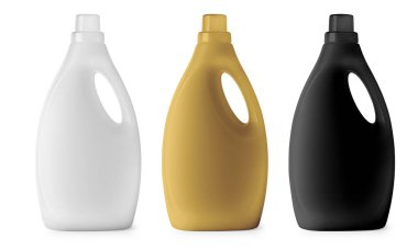 Beyaz arka planda kırpma yolu ile vurgulanmış plastik bir şişenin yan görünümü