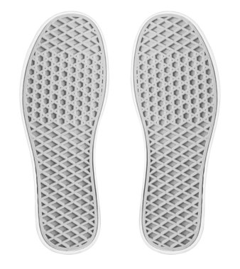 Beyaz zemin üzerinde kauçuktan yapılmış bir ayakkabının dış taban deseni, kırpma yolu ile