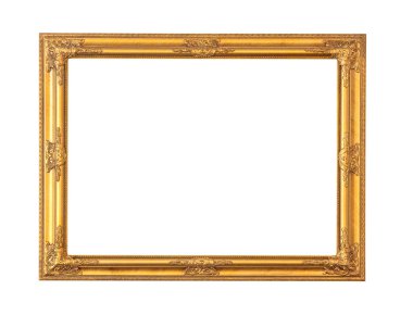 Kırpma yolu ile beyaz arkaplanda izole edilmiş altın ahşap çerçeve