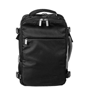 Beyaz Arkaplanda Siyah Sırt Çantası. Okula dönüş, eğitim, çocukluk, ilkokul teması.