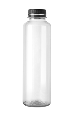 Siyah kapaklı boş plastik şişe.