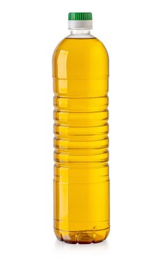 Kırpma yolu ile beyaz zemin üzerinde izole plastik yağ şişesi