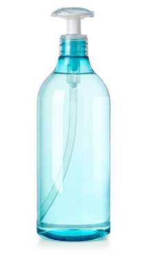 Bue, cyan cosmetic, micellar water isolated on white background. Transparent cosmetic bottle  With dispenser clipart