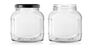 Beyaz arka planda izole edilmiş vida ipliği olan boş cam kavanoz