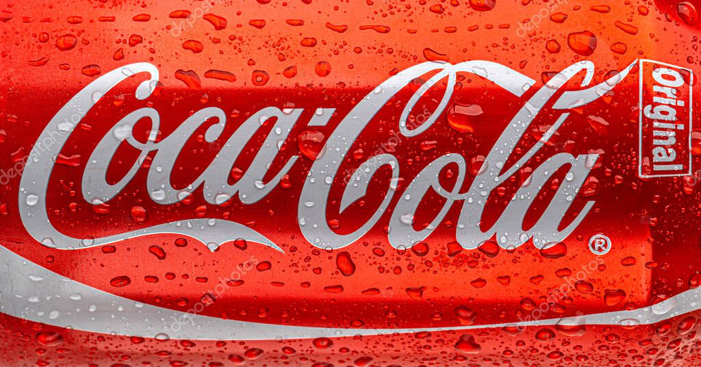 Anapa, Russia,  November 06, 2023: Coca-Cola  Can logo with  droplets