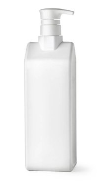 Beyaz arkaplanda izole edilmiş boş beyaz plastik şişe.
