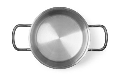 Paslanmaz çelik tava, kırpma yolu üst görünümü olan beyaz bir arkaplanda izole edilmiştir