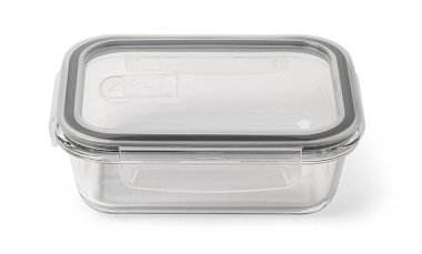 Plastik kapaklı dikdörtgen cam kap, yemek artıkları veya yemek hazırlamak için ideal.