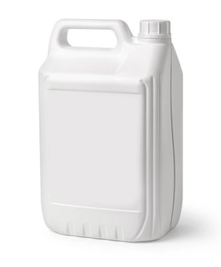 Boş etiketli beyaz plastik bir bidonun ön görüntüsü, deterjan, temizlik ürünleri veya kimyasallar için ideal
