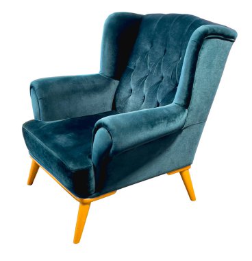 Rahat mavi kadife döşeme tahta bacaklı, beyaz arka planda izole edilmiş.