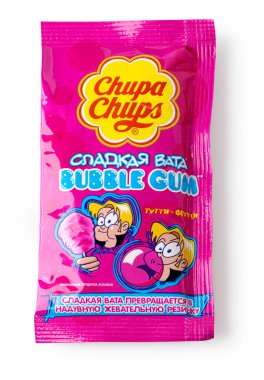 Anapa, Rusya, 30 Aralık 2024: Beyaz arka planda izole edilmiş abur cubur markalı ürün üzerinde Chupa Chups pamuk helva sakız tabelası