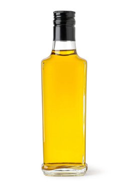 Beyaz arka planda izole edilmiş altın sarısı yağlı cam bir şişenin stüdyo görüntüsü.