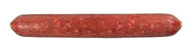 Beyaz arka planda izole edilmiş kurutulmuş sosisin stüdyo görüntüleri.